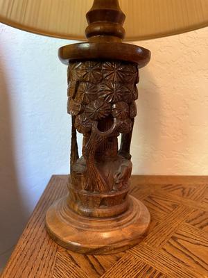 HAND CARVED WOOD BASE LAMP AND SOLID WOOD END TABLE