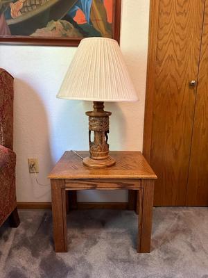 HAND CARVED WOOD BASE LAMP AND SOLID WOOD END TABLE