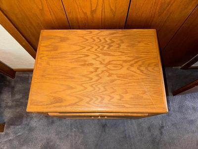 WOODEN CABINET ON CASTERS AND A SHARP DVD PLAYER W/REMOTE