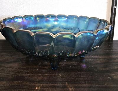 Indiana Glass Blue Peacock Iridescent Grape Harvest Fruit Bow