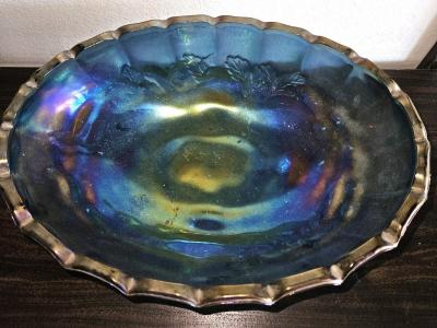 Indiana Glass Blue Peacock Iridescent Grape Harvest Fruit Bow