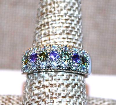 Size 9½ Purple and Green Line of Stones Ring with Clear Stones Surround on a .925 Silver Band (5.7g)