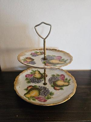 Vintage Mid-Century Two-Tier Fruit Themed Dessert Display Stand