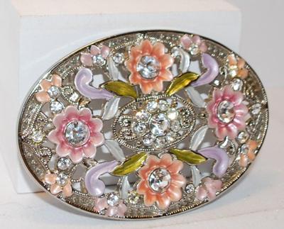 Pink & Purple Flowered Belt Buckle with Lots of Sparkle Clear Stones 3½" x 2½"