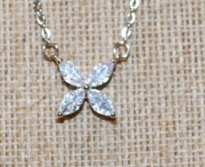Four Petals Flower PENDANT (½" x ½") on a Silver Tone Necklace Chain 18" L