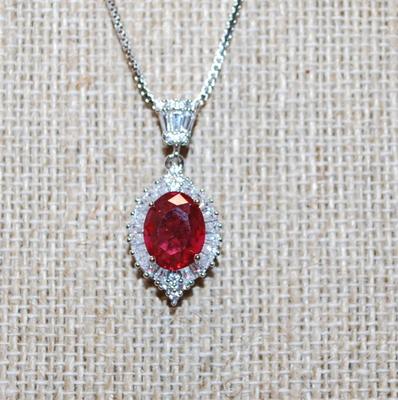 Cranberry Red Oval Stone PENDANT (1" x ½") with Full Surrounds on a Silver Tone Necklace Chain 18" L