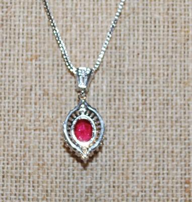 Cranberry Red Oval Stone PENDANT (1" x ½") with Full Surrounds on a Silver Tone Necklace Chain 18" L