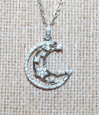 Crescent Moon & Stars PENDANT (¾" Diam.) on a Silver Tone Necklace Chain 18 L