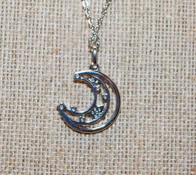 Crescent Moon & Stars PENDANT (¾" Diam.) on a Silver Tone Necklace Chain 18 L