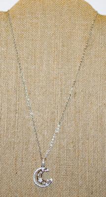Crescent Moon & Stars PENDANT (¾" Diam.) on a Silver Tone Necklace Chain 18 L