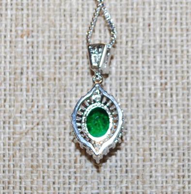 Oval Deep Green Stone PENDANT (1" x ¾") with Full Surrounds on a Silver Tone Necklace Chain 18" L