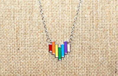 Rainbow Colored Double Hooked PENDANT (¾" x ¾") on a Silver Tone Necklace Chain 18" L