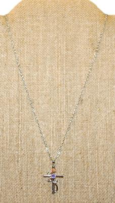 Light Purple Stone & Rose Gold "Rose" Cross PENDANT (1 ¼" x ¾") on a Silver Tone Necklace Chain 17" L