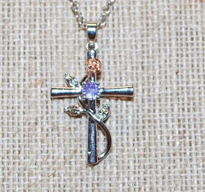 Light Purple Stone & Rose Gold "Rose" Cross PENDANT (1 ¼" x ¾") on a Silver Tone Necklace Chain 17" L