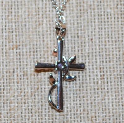 Light Purple Stone & Rose Gold "Rose" Cross PENDANT (1 ¼" x ¾") on a Silver Tone Necklace Chain 17" L