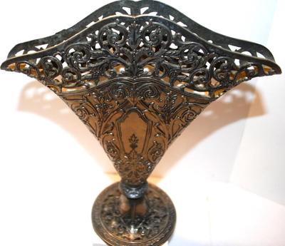 Victorian Style Fan Shaped Vase Silver Plate Ornate - Solid Filigree Fan Shaped Flower Vase, Use for Flowers or Napkins. SEE DETAILS