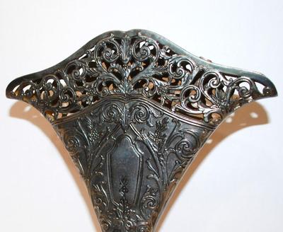Victorian Style Fan Shaped Vase Silver Plate Ornate - Solid Filigree Fan Shaped Flower Vase, Use for Flowers or Napkins. SEE DETAILS