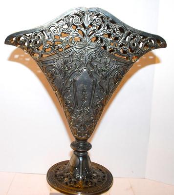 Victorian Style Fan Shaped Vase Silver Plate Ornate - Solid Filigree Fan Shaped Flower Vase, Use for Flowers or Napkins. SEE DETAILS