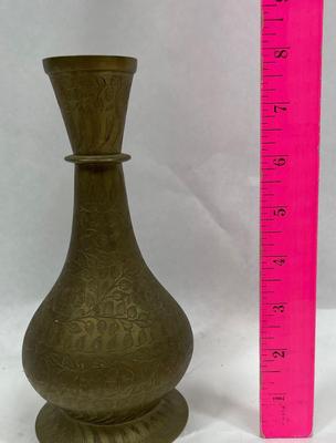 Brass Vase with Stem and Leaf Engraved Pattern