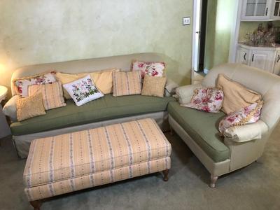 LOT 82L: Highland House Matching Sofa & Oversized Chair w/ Yellow Floral Ottoman