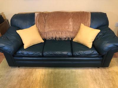 LOT 113B: Green Faux Leather Sleeper Sofa / Pull-Out Couch w/ Decorative Pillows & Pier 1 Throw Blanket
