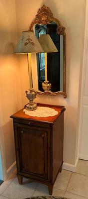 LOT 196H: Hall Table / Cabinet w/ Lamp and Wall Mirror