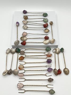LOT 284J: Vintage Cocktail/Appetizer Picks, Forks, Spoons with Semi-Precious Stones