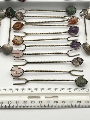LOT 284J: Vintage Cocktail/Appetizer Picks, Forks, Spoons with Semi-Precious Stones