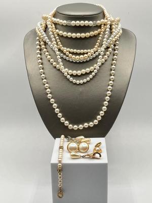 LOT 310J: Faux Pearl Jewelry Collection: Necklaces, Earrings, Bracelet