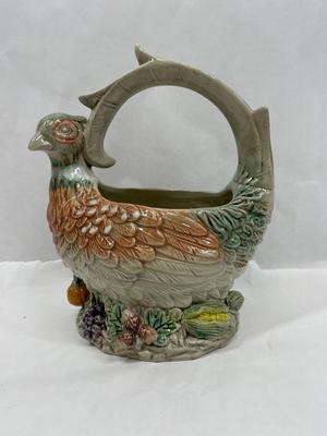 Ceramic Majolica Pheasant Basket Container