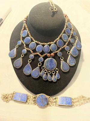 Tribal-Styled Lapis Lazuli and Rosewood Necklace and Bracelet