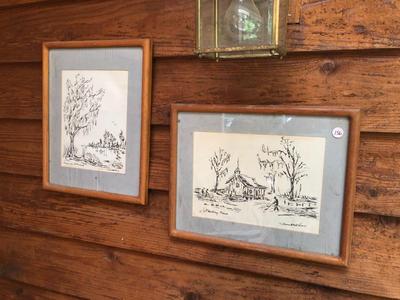 "Planting Time" and "Bayou due Allmonds" Pen and Ink Portraits, Signed Donabeth Jones