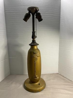 Vintage Art Nouveau Iron Two Bulb Lamp and Glass Shade