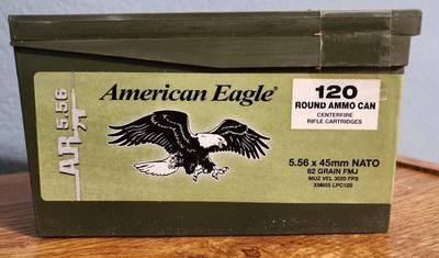 Brand New AMERICAN EAGLE 120 Round Ammo Can 5.56 X 45 NATO 62 Grain Rifle Cartridges