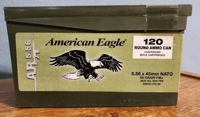 #3 Brand New AMERICAN EAGLE 120 Round Ammo Can 5.56 X 45 NATO 62 Grain Rifle Cartridges