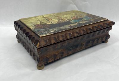 Vintage Carved Wood Hinged Box Jewelry Chest Sailing Ship image Nautical Decor