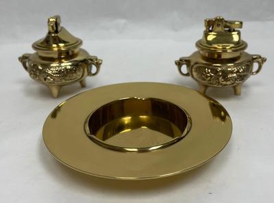 Smokers Trio Polished Brass Ashtray & 2 tri-footed lighters