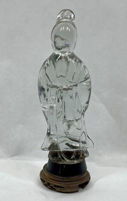 Clear Statue Crystal Goddess Buddha Kwan Yin on Brass base - believed to be Stueben