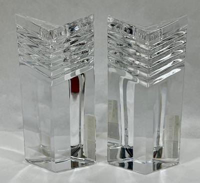 Pair of Thick Art Deco Style Clear Crystal Candleholders
