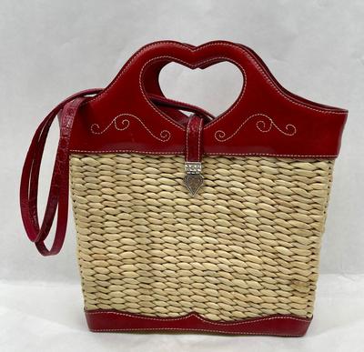 Brighton Stitched Red Leather & Rattan Straw Purse Handbag Heart-shaped Handle