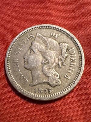 Better Date Higher Grade Three Cent Piece Nickel 1875 P Attractive 3c