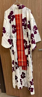 Vintage Authentic Japanese Yukata Kimono Decorated with Purple Orchids Flowers