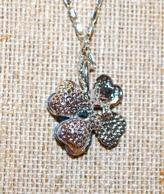 Silver Plated Blue & Silver 4 Leaf Clover PENDANT (1" x 1") on Silver Tone Chain 18" L