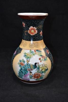 Vintage Asian Porcelain Peacock Vase, Hand Painted 8.25” Tall