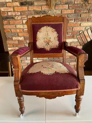 Antique Victorian Renaissance Carved Needlepoint Armchair