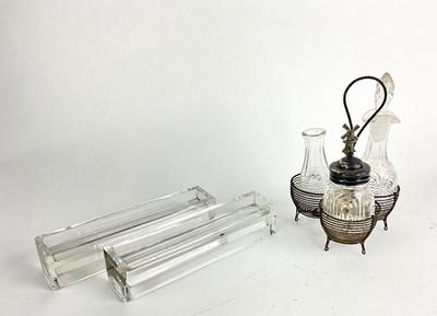 1113 Lot of Vintage Glass Cruet , Wire Basket and Glass Vases
