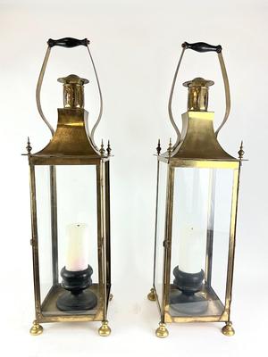 1118 Pair of Large Vintage Brass Glass Lanterns