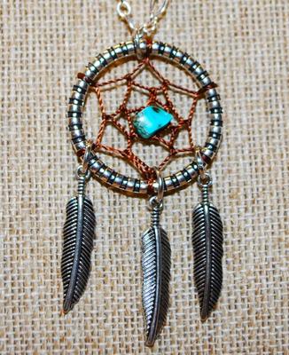 Tribal Style Metal Feather & Blue Turquoise Stone PENDANT (2½" x 1¼") on a Silver Tone Necklace Chain 18" L