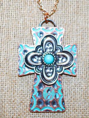 Turquoise Styled Hammered Cross PENDANT (2¼" x 1½") on a Rose Gold Necklace Chain 19" L