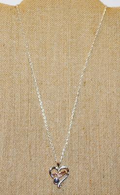 "Mom Love You" Heart .925 Silver PENDANT (1" x ¾') on a Silver Tone Necklace Chain 18" L